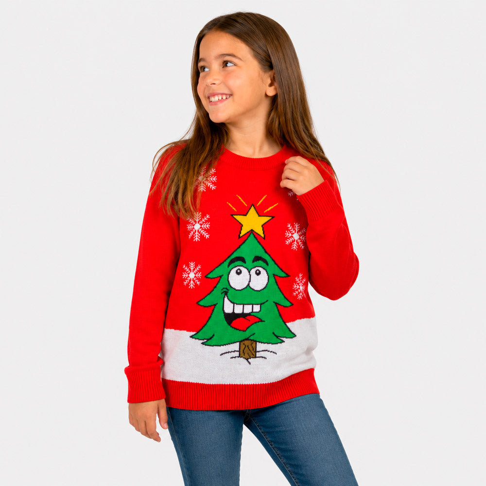 Red Family Ugly Christmas Sweater with Smiling Tree Girl