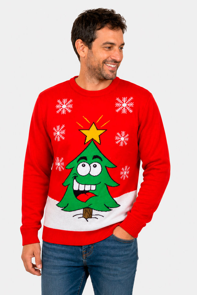 Red Family Ugly Christmas Sweater with Smiling Tree Men