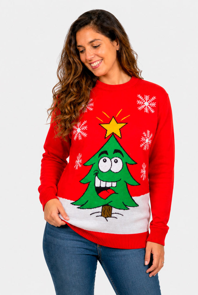 Red Family Ugly Christmas Sweater with Smiling Tree Women