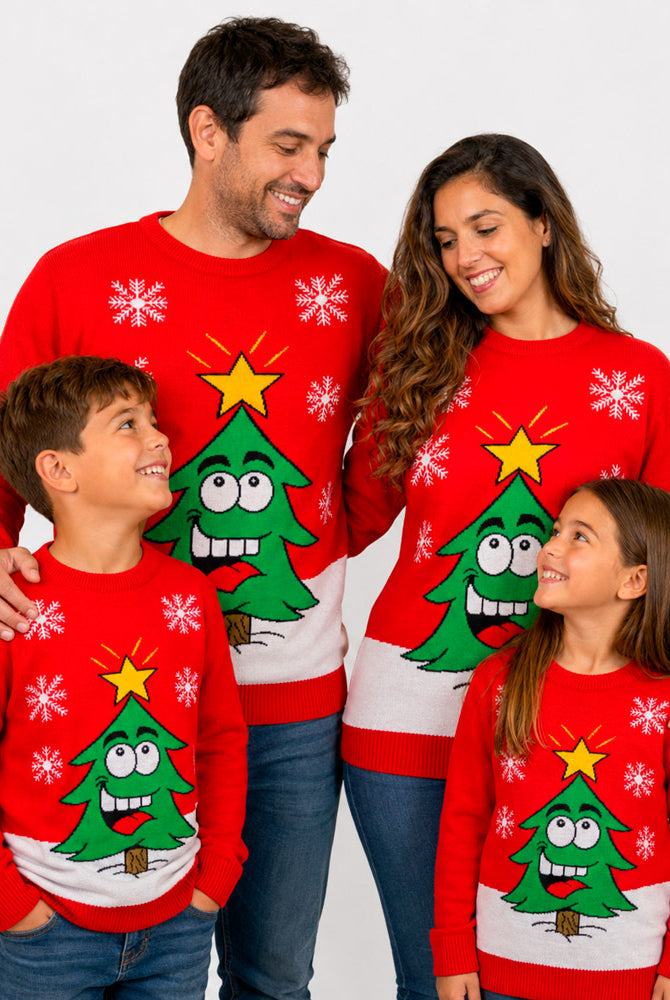 Red Family Ugly Christmas Sweater with Smiling Tree