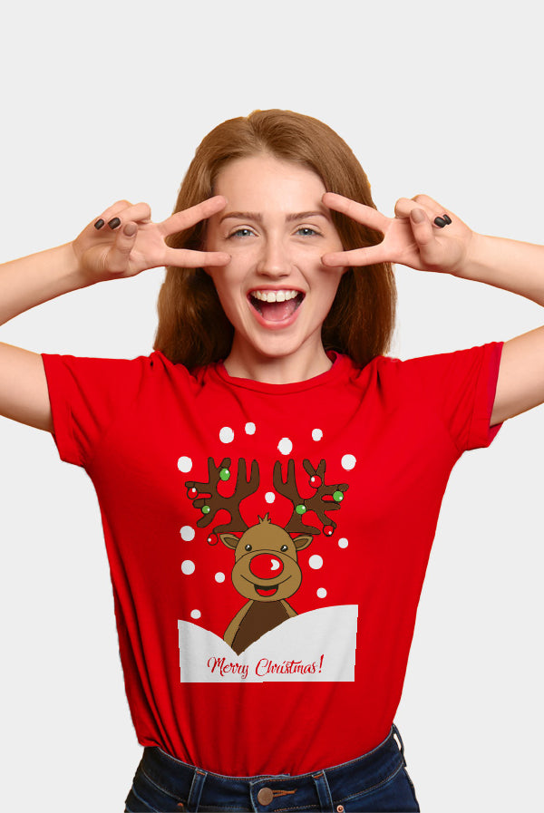 Red Family Ugly Christmas T-Shirt with Rudolph Reindeer Womens