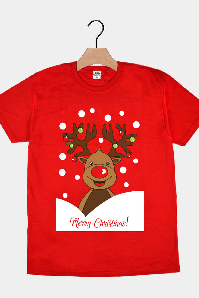 Red Family Ugly Christmas T-Shirt with Rudolph Reindeer