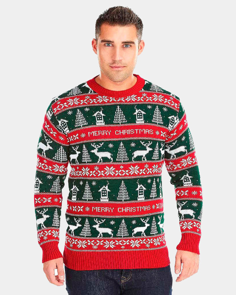 Red and Green Strips Couple's Ugly Christmas Sweater Mens