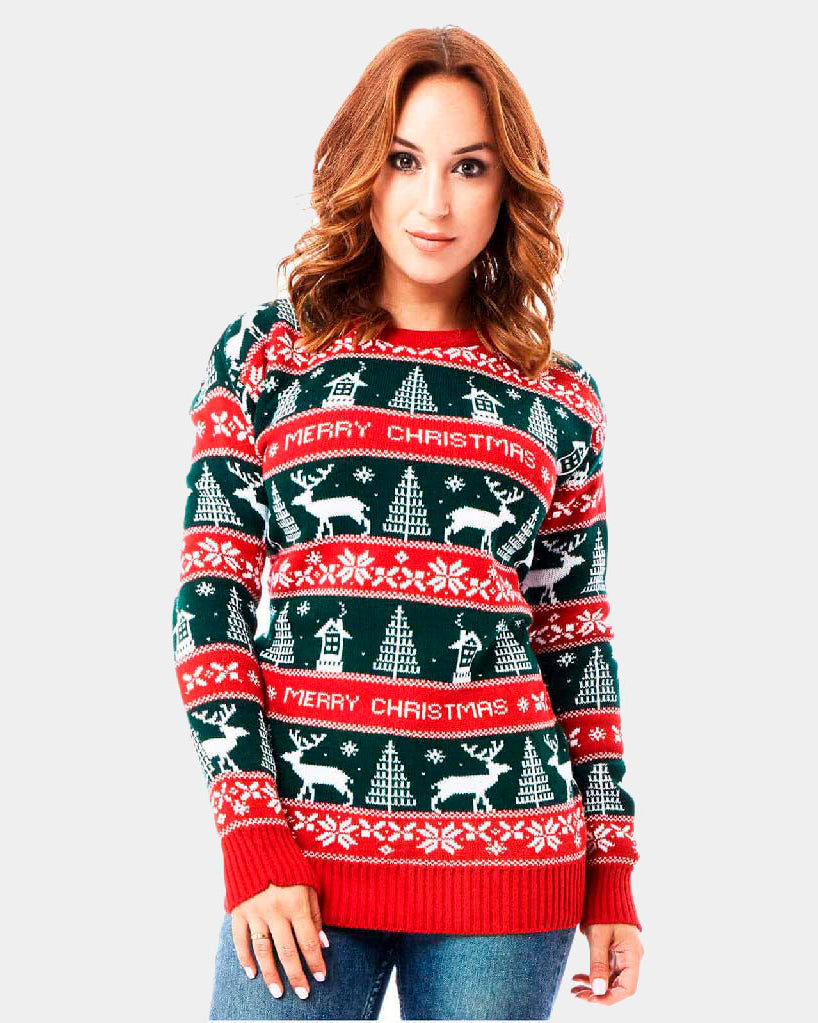 Red and Green Strips Couple's Ugly Christmas Sweater womens