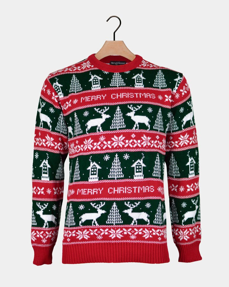 Red and Green Strips Couple's Ugly Christmas Sweater