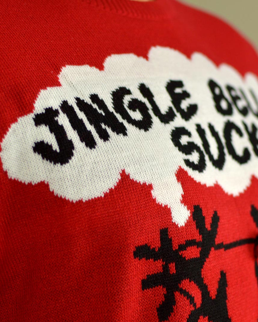 Red 3D Jingle Bells Suck Couple's Ugly Detail Christmas Sweater