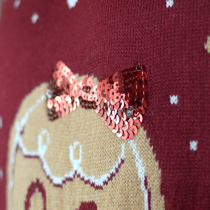 Red LED light-up Boys and Girls Ugly Christmas Sweater with Ginger Cookie detail 1