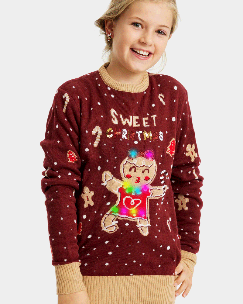 Red LED light-up Boys and Girls Ugly Christmas Sweater with Ginger Cookie