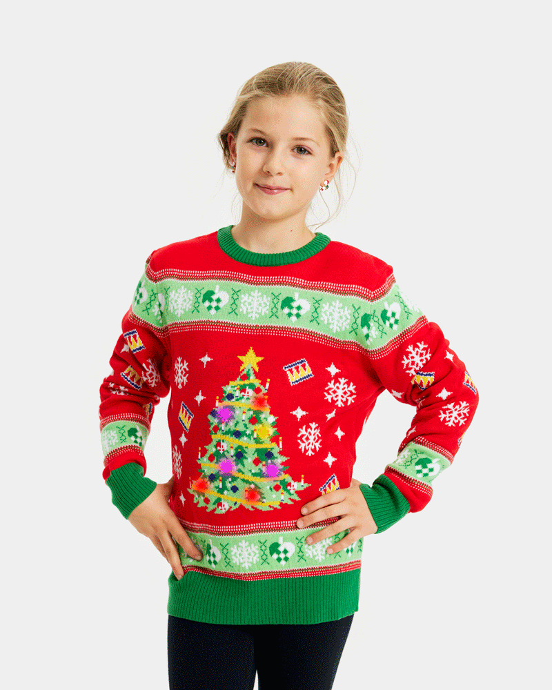 Red LED light-up Childrens Family Ugly Christmas Sweater with Christmas Tree