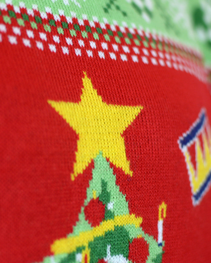 Red LED light-up Couple's Ugly Christmas Sweater with Christmas Tree detail