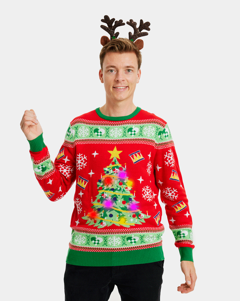 mens Red LED light-up Couple's Ugly Christmas Sweater with Christmas Tree