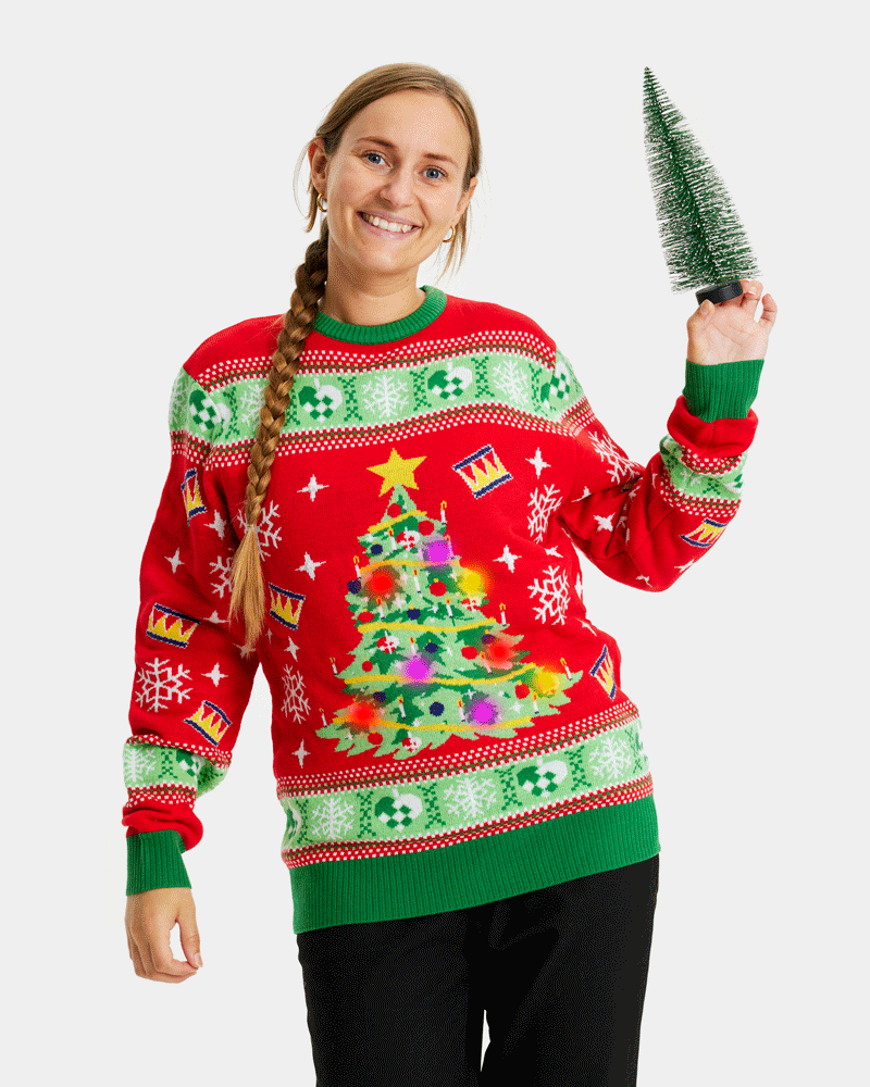 womens Red LED light-up Couple's Ugly Christmas Sweater with Christmas Tree
