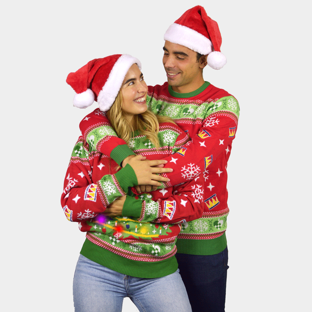Red LED light-up Couple's Ugly Christmas Sweater with Christmas Tree