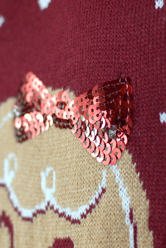 Red LED light-up Couple's Ugly Christmas Sweater with Ginger Cookie detail