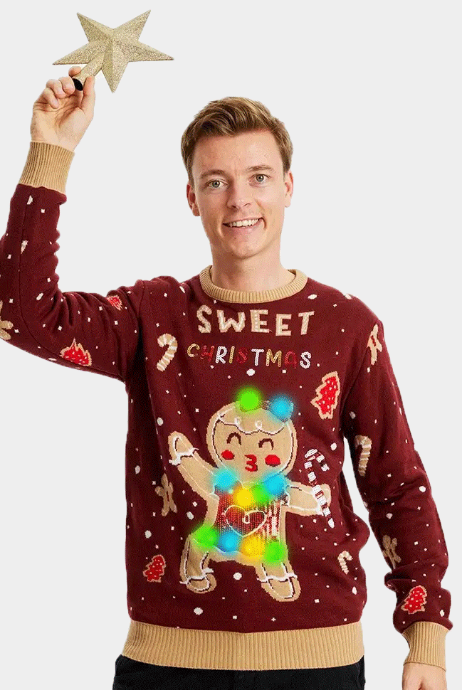 mens Red LED light-up Couple's Ugly Christmas Sweater with Ginger Cookie