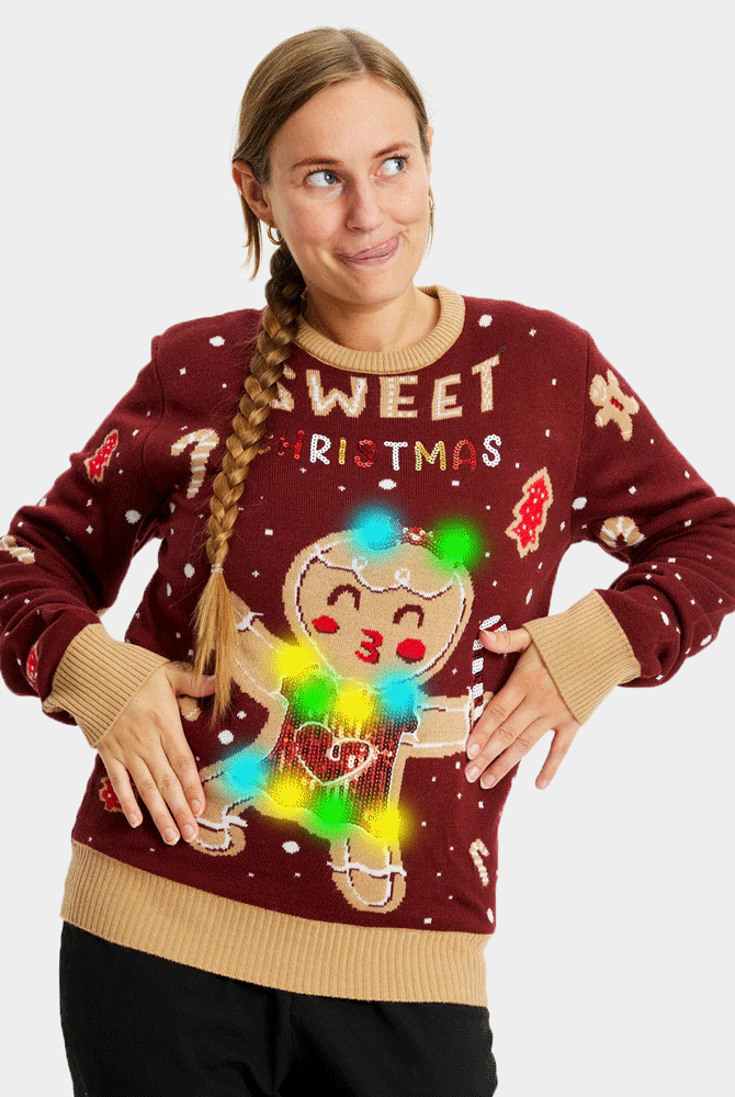 Red LED light-up Couple's Ugly Christmas Sweater with Ginger Cookie womens