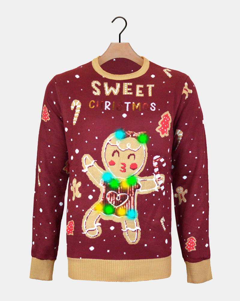 Red LED light-up Couple's Ugly Christmas Sweater with Ginger Cookie