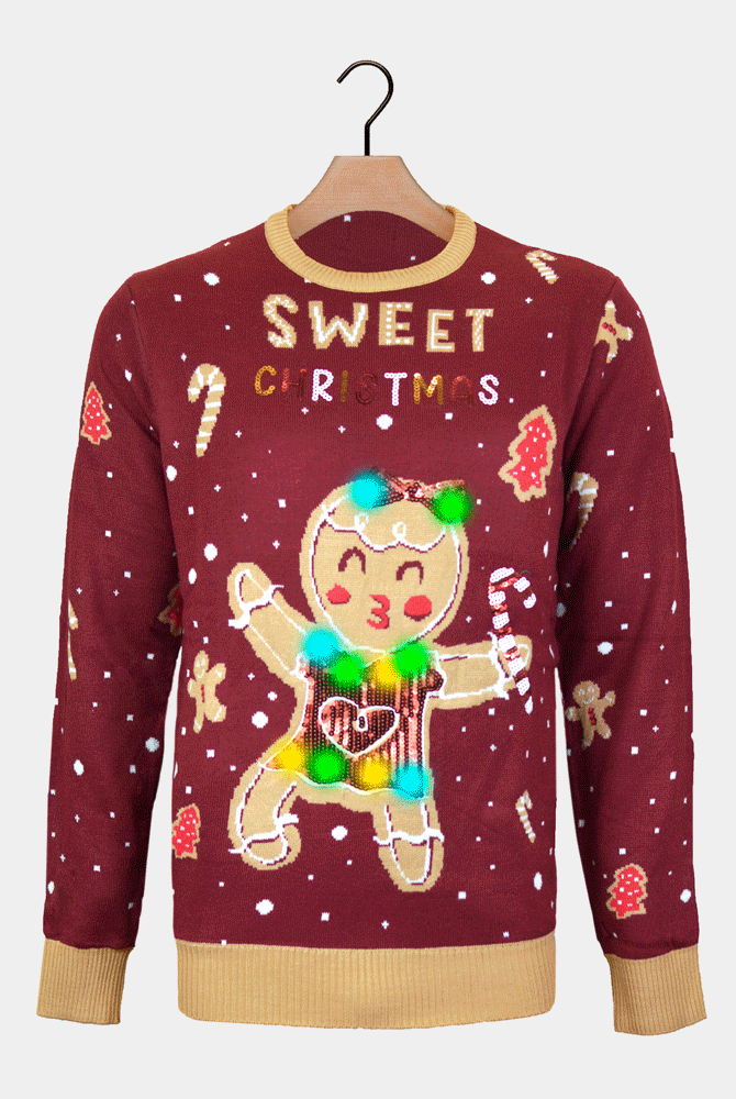 Red LED light-up Couple's Ugly Christmas Sweater with Ginger Cookie