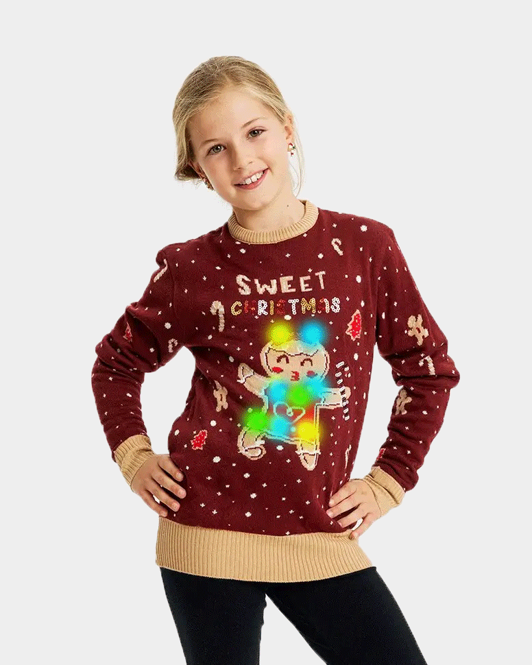 Red LED light-up Family Ugly Christmas Sweater with Ginger Cookie girls