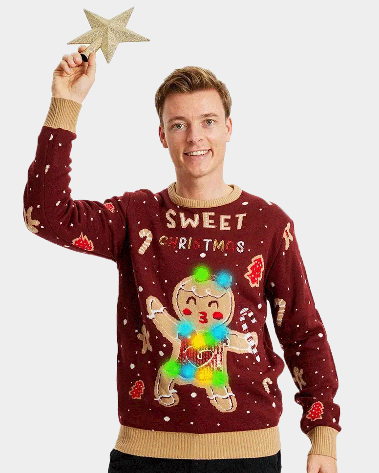 Red LED light-up Family Ugly Christmas Sweater with Ginger Cookie mens