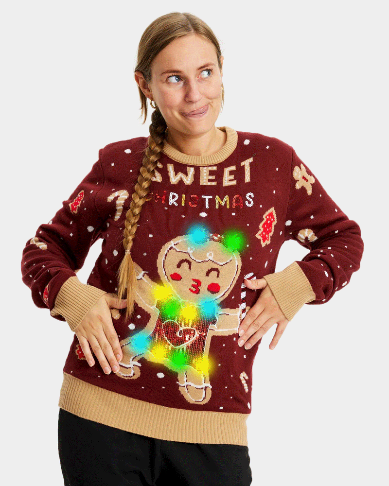 Red LED light-up Family Ugly Christmas Sweater with Ginger Cookie womens