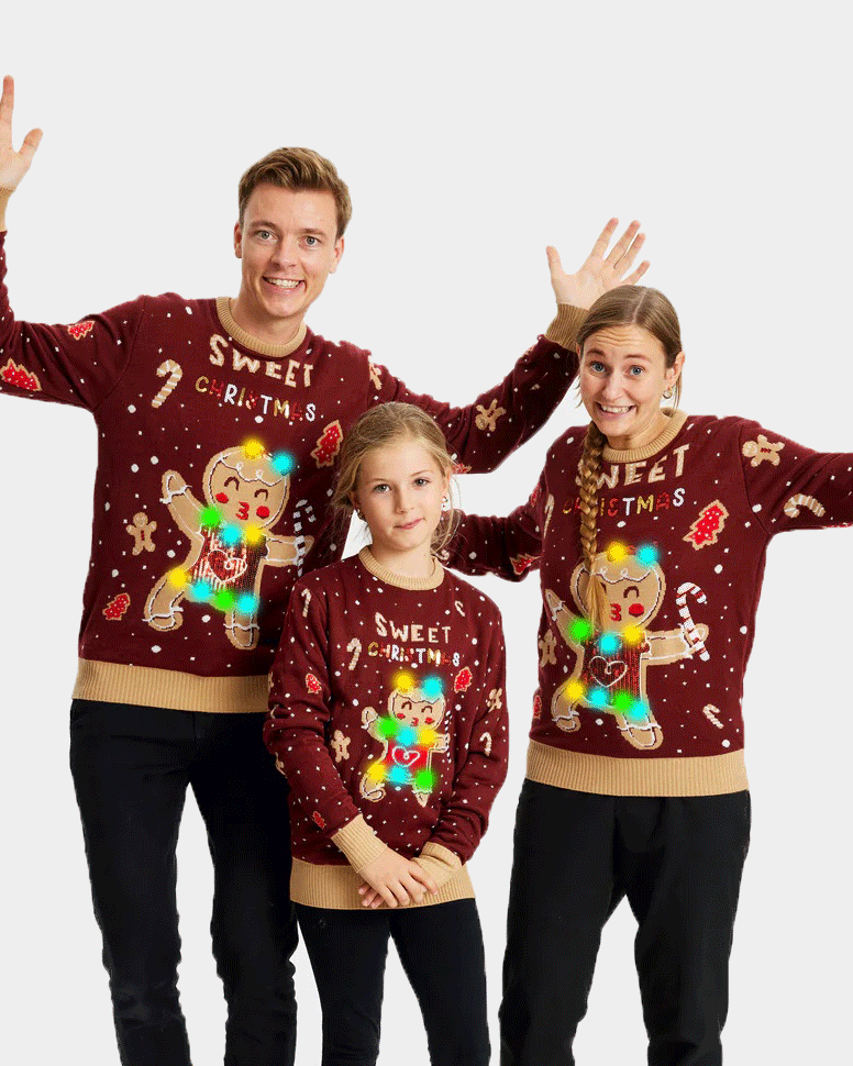 Red LED light-up Family Ugly Christmas Sweater with Ginger Cookie