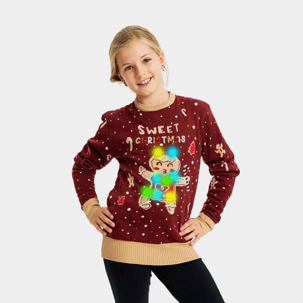 Red LED light-up Girls Ugly Christmas Sweater with Ginger Cookie