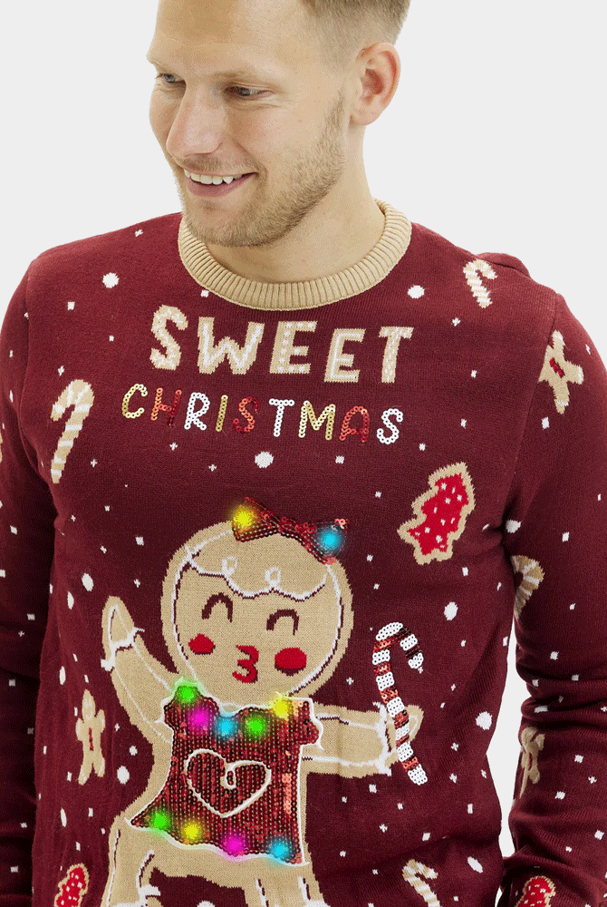 Red LED light-up mens Couples Ugly Christmas Sweater with Ginger Cookie