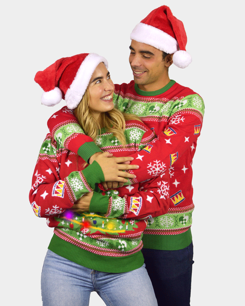 Red LED light-up Mens And Womens Ugly Christmas Sweater with Christmas Tree