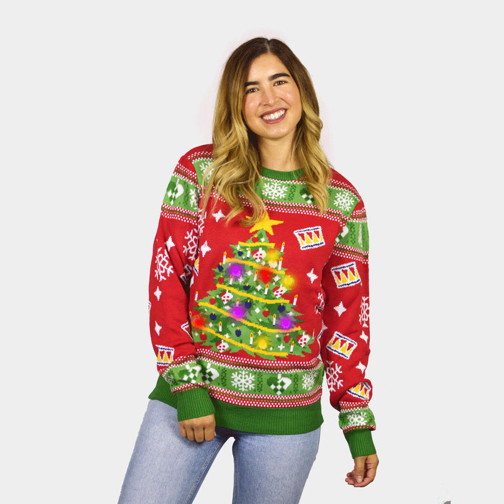 Red LED light-up Women's Ugly Christmas Sweater with Christmas Tree