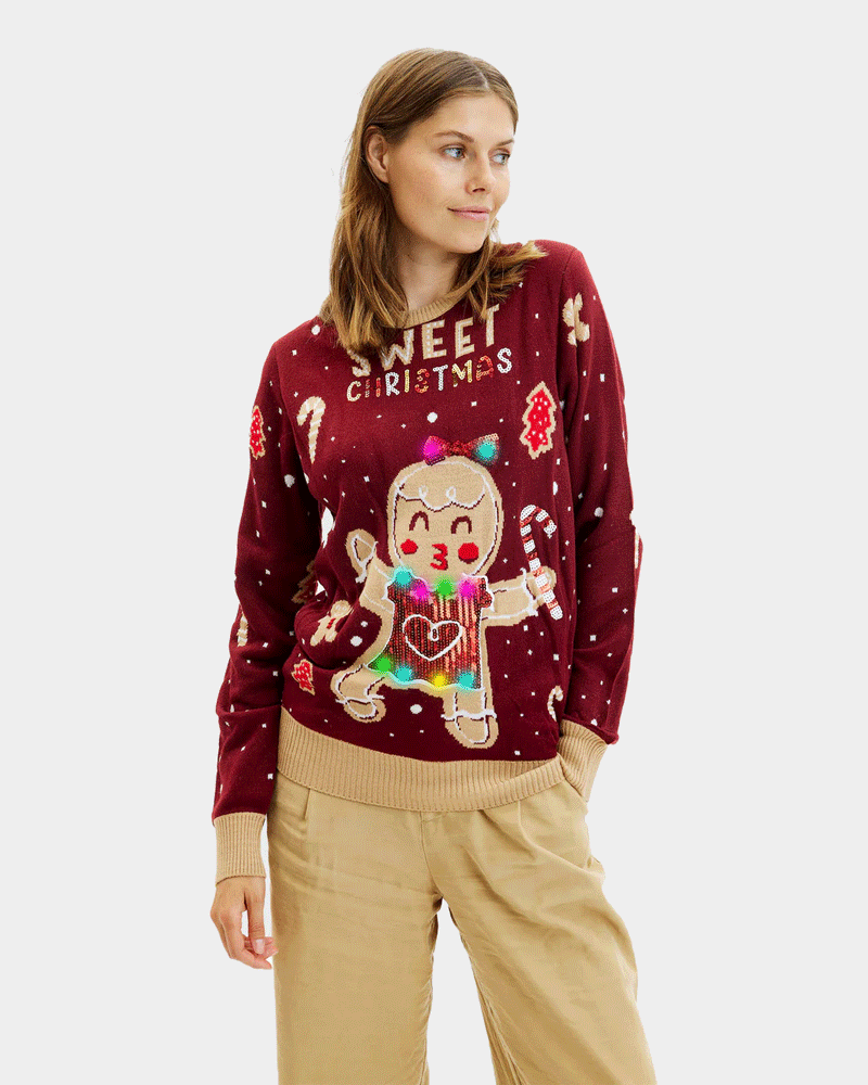 Red LED light-up Couples Womens Ugly Christmas Sweater with Ginger Cookie