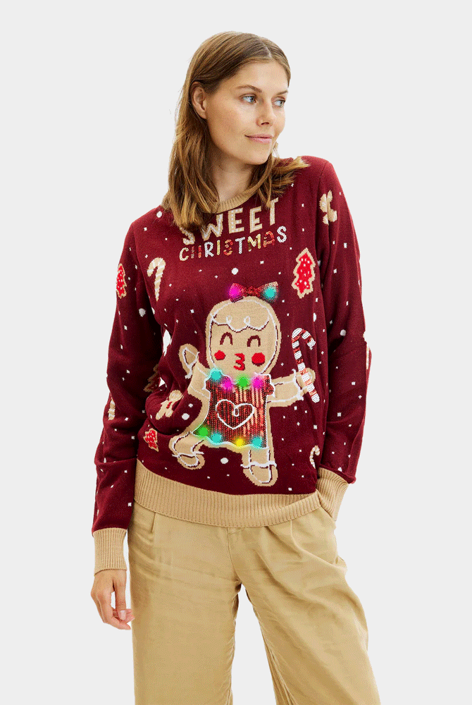 Red LED light-up Couples Womens Ugly Christmas Sweater with Ginger Cookie