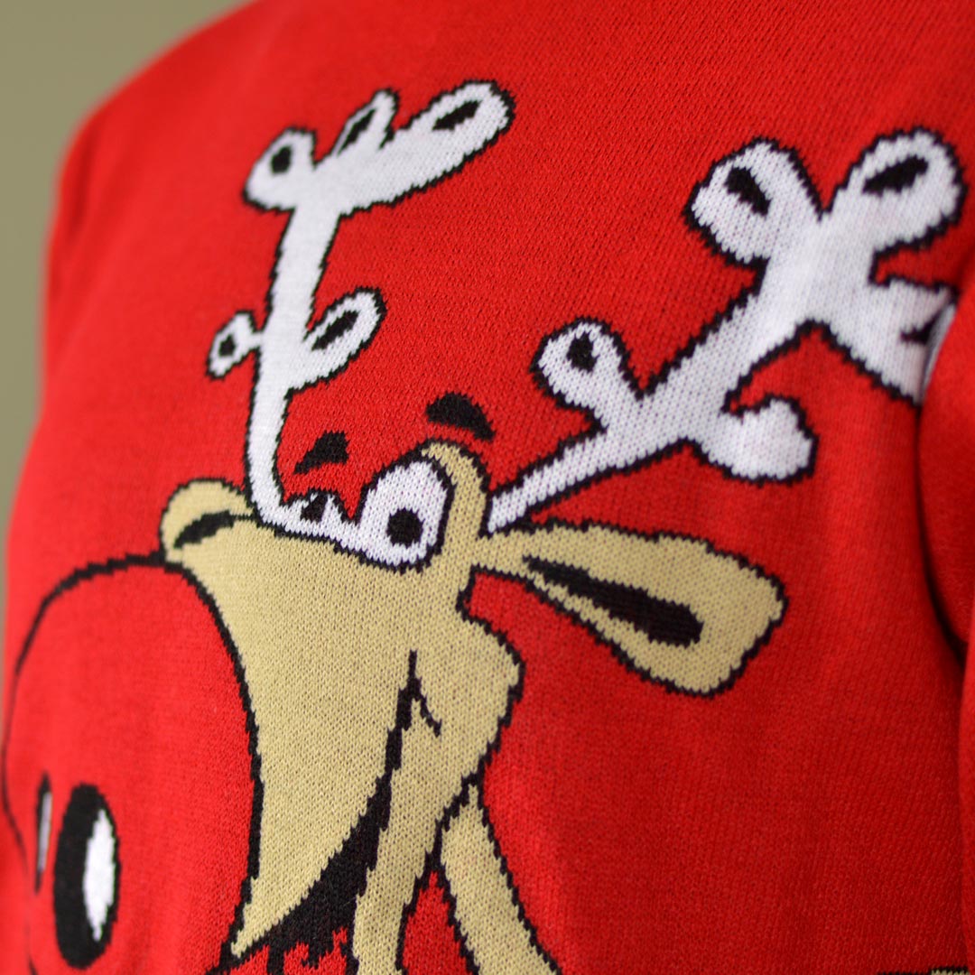 detail Red Men's Ugly Christmas Sweater Reindeer with a Beer