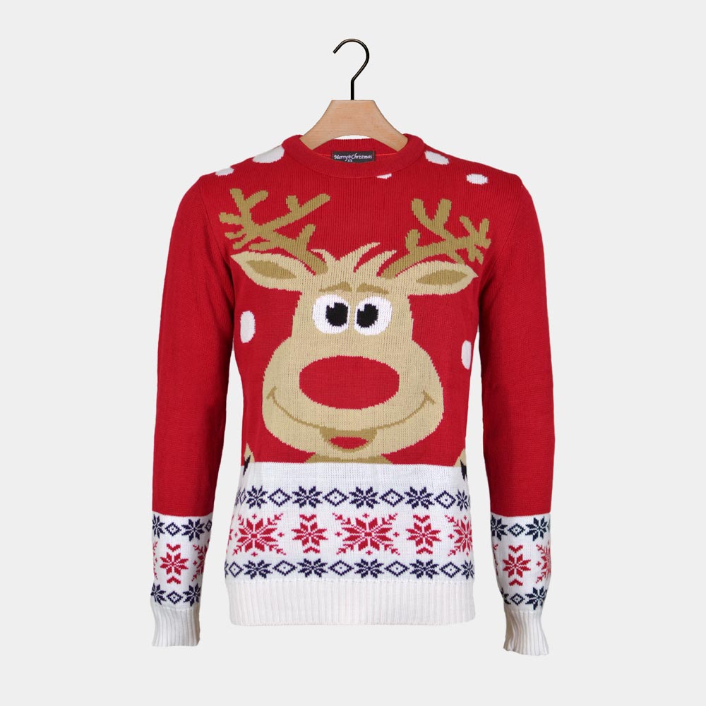 Red Men's Ugly Christmas Sweater with Reindeer and Snow