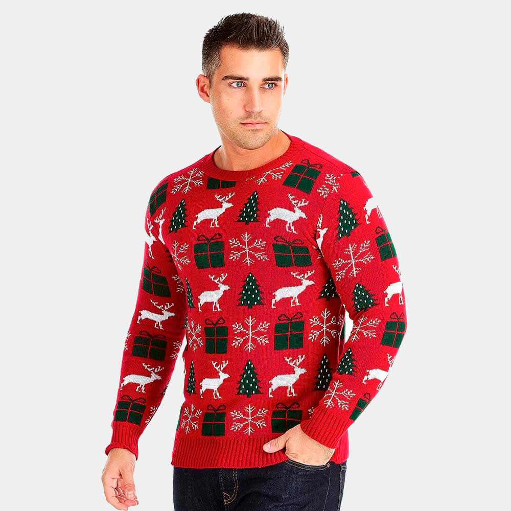 Red Men's Ugly Christmas Sweater with Reindeers, Gifts and Trees