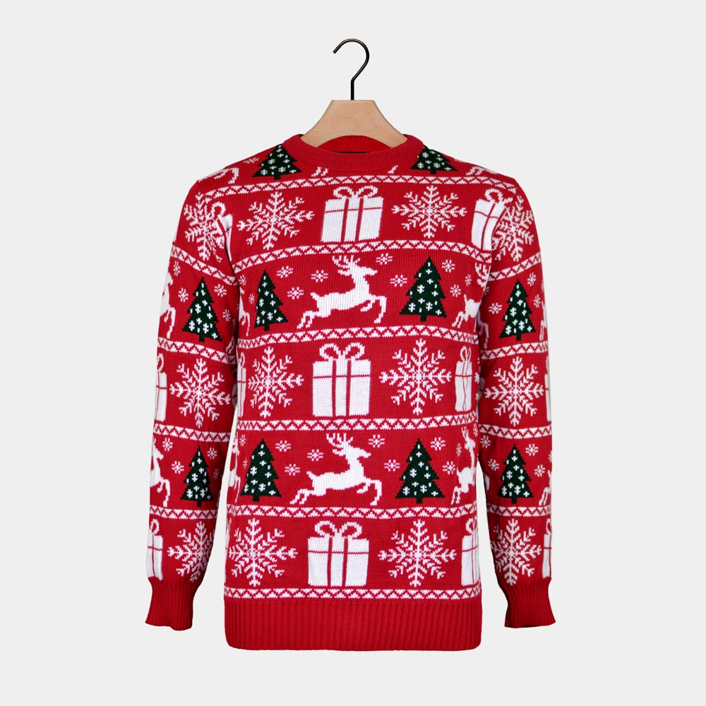 Red Men's Ugly Christmas Sweater with Reindeers, Trees and Gifts