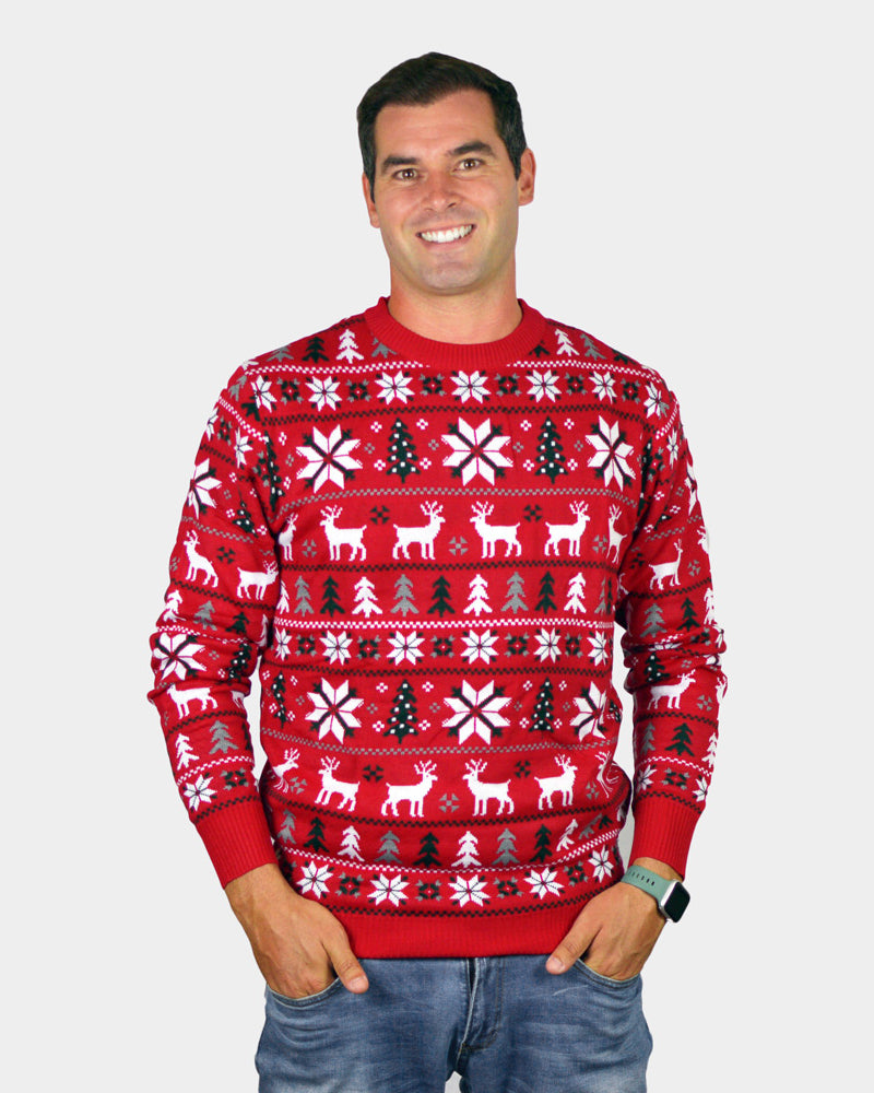 Red Men's Ugly Christmas Sweater with Reindeers, Trees and Polar Star