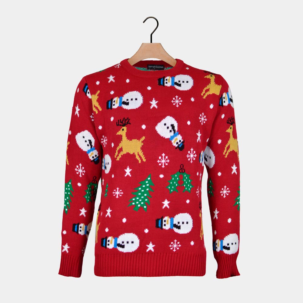 Red Men's Ugly Christmas Sweater with Santa, Trees and Snowmens