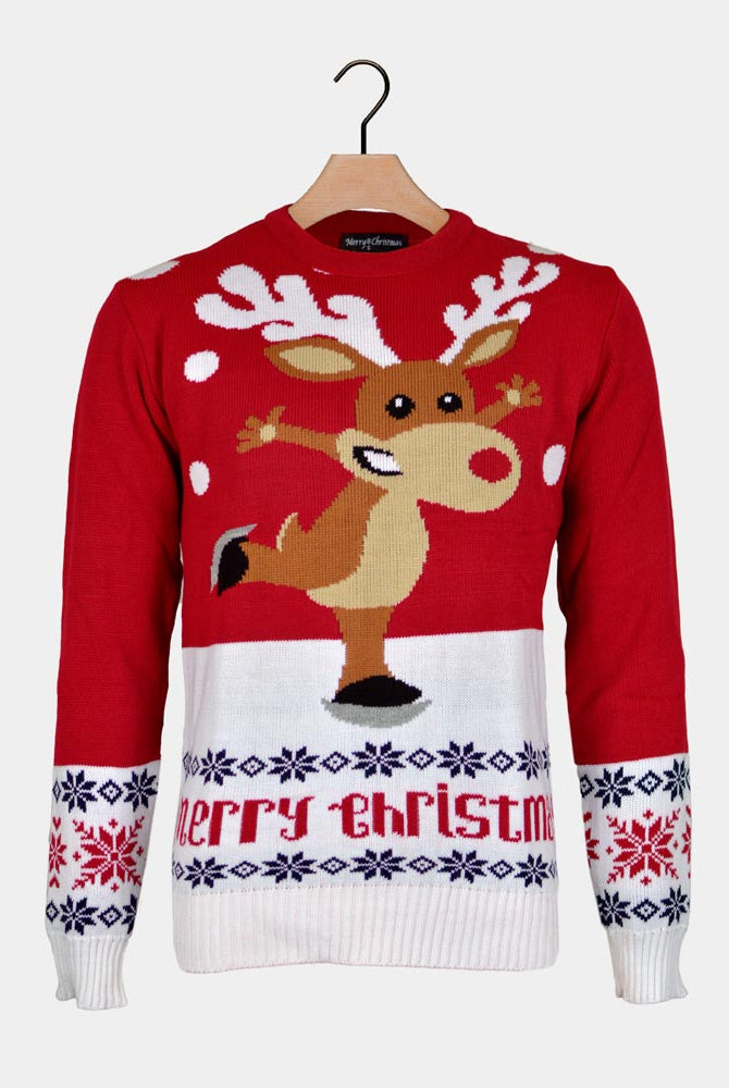Red Men's Ugly Christmas Sweater with Skating Reindeer