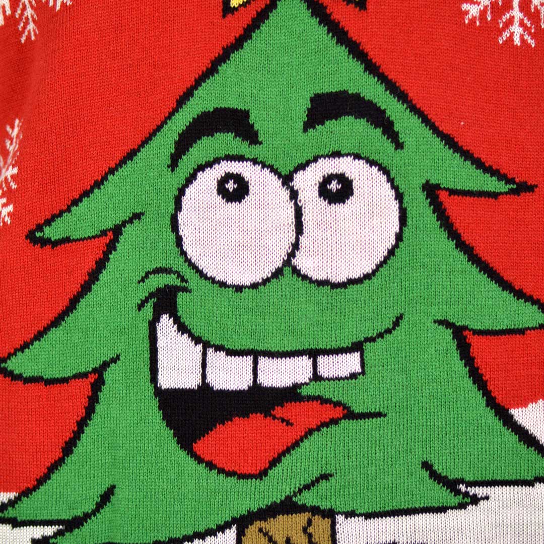 Red Men's Ugly Christmas Sweater with Smiling Christmas Tree detail