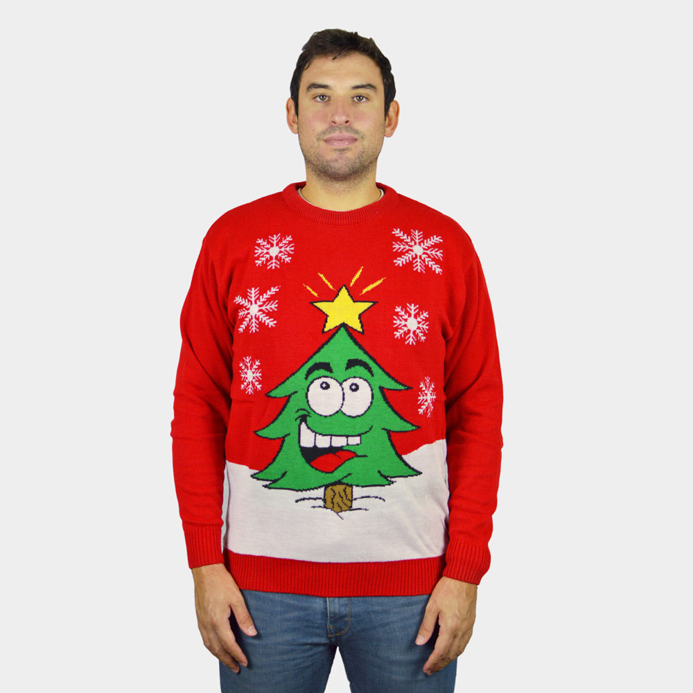 Red Men's Ugly Christmas Sweater with Smiling Christmas Tree