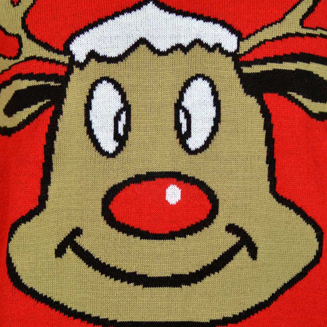Red Men's Ugly Christmas Sweater with Smiling Reindeer detail
