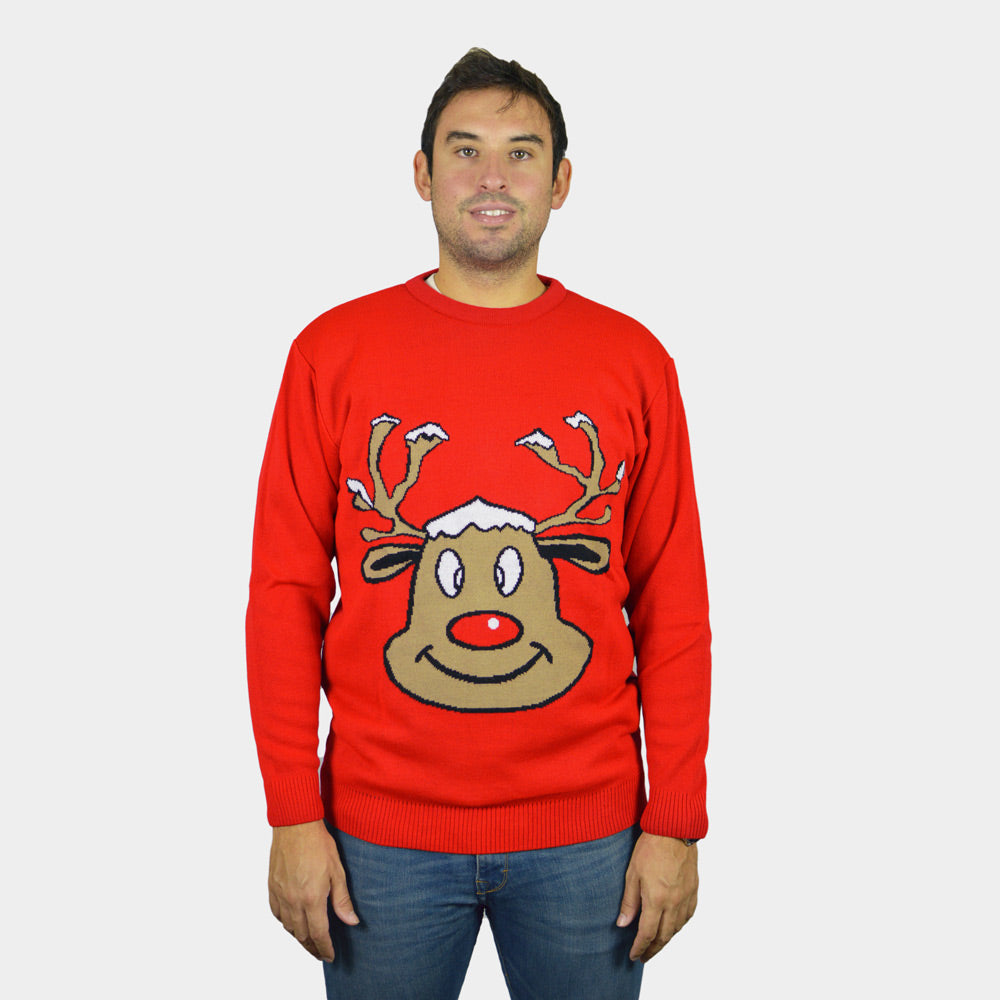 Red Men's Ugly Christmas Sweater with Smiling Reindeer