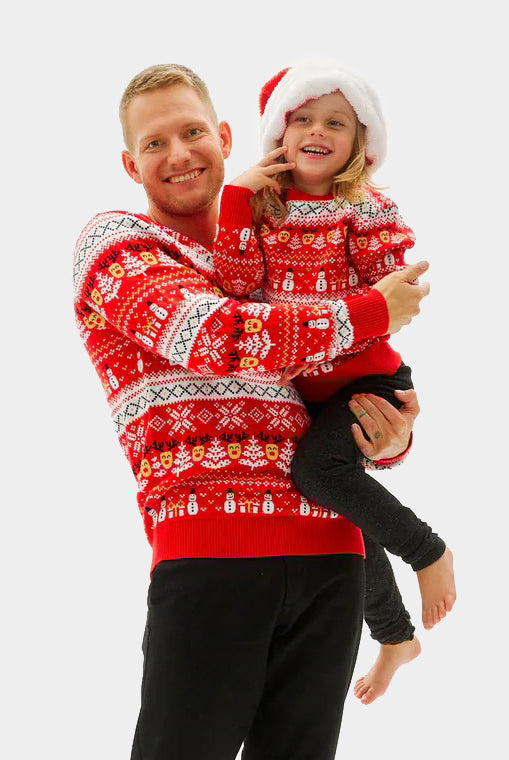 Red Organic Cotton Couple's Ugly Christmas Sweater with Snowmen and Trees Kids