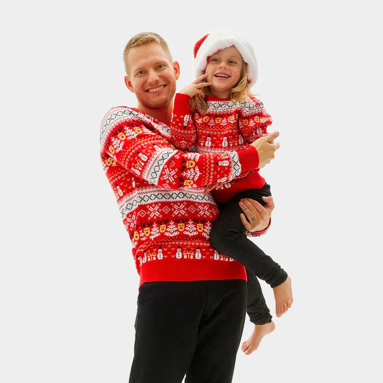 Red Organic Cotton Couple's Ugly Christmas Sweater with Snowmen and Trees Kids