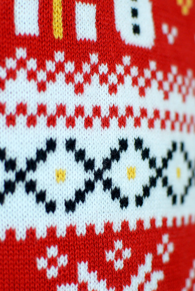 Red Organic Cotton Couples Ugly Christmas Sweater Detail Snowmen Trees