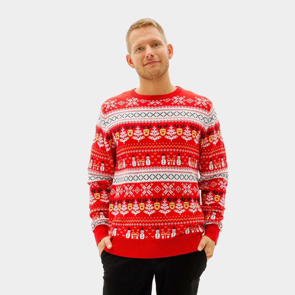 Mens Red Organic Cotton Couple's Ugly Christmas Sweater with Snowmen and Trees