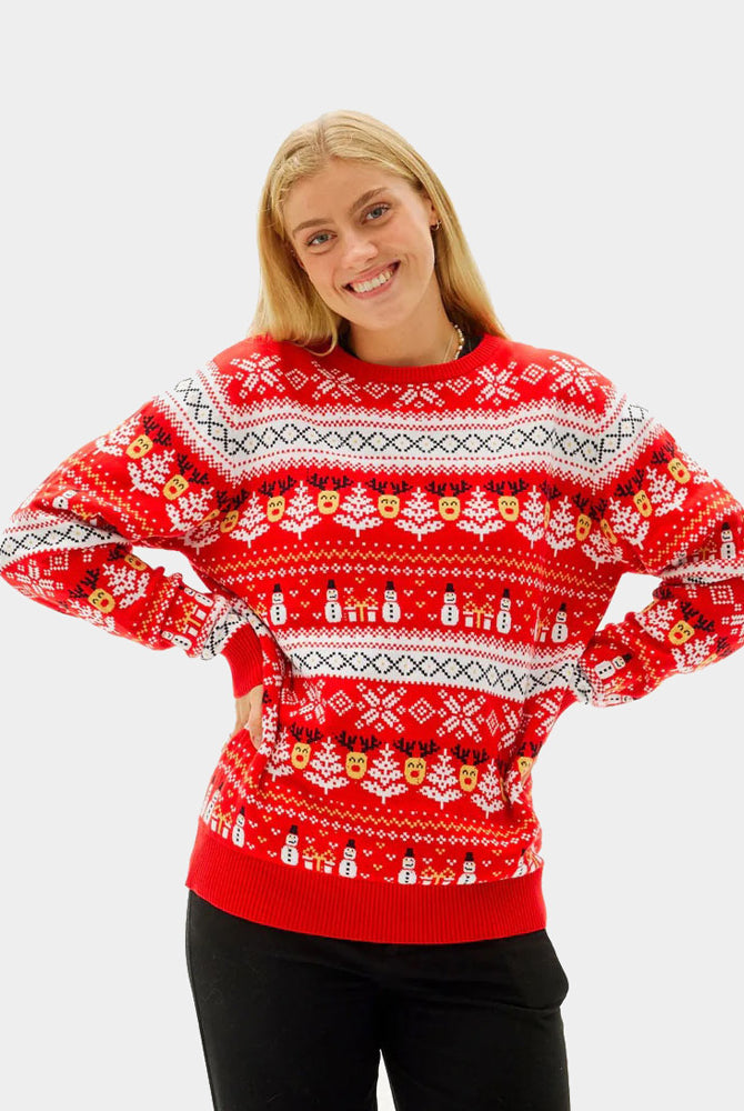 Red Organic Cotton Couple's Ugly Christmas Sweater with Snowmen and Trees womens