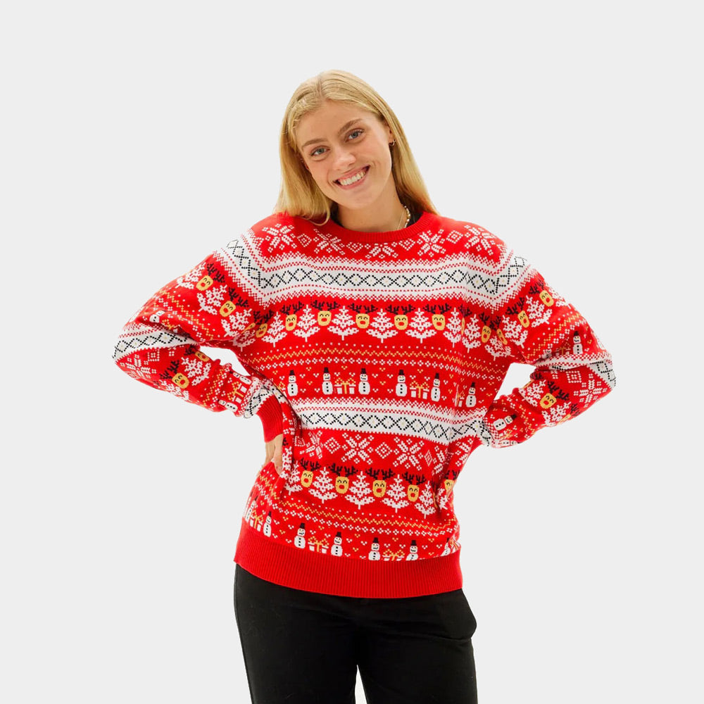 Red Organic Cotton Couple's Ugly Christmas Sweater with Snowmen and Trees womens