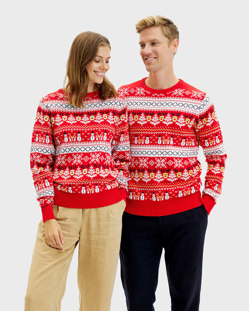 Red Organic Cotton Couples Ugly Christmas Sweater Snowmen Trees